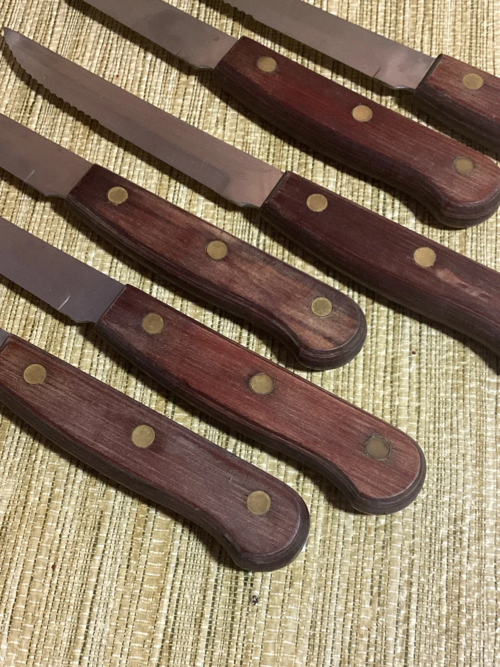 Vintage Serrated Brass & Wood Handle Steak Knife Set of 6